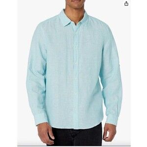 Perry Ellis Men's Roll Sleeve Linen Cotton Button-Down Shirt Aqua Sea Size XXL